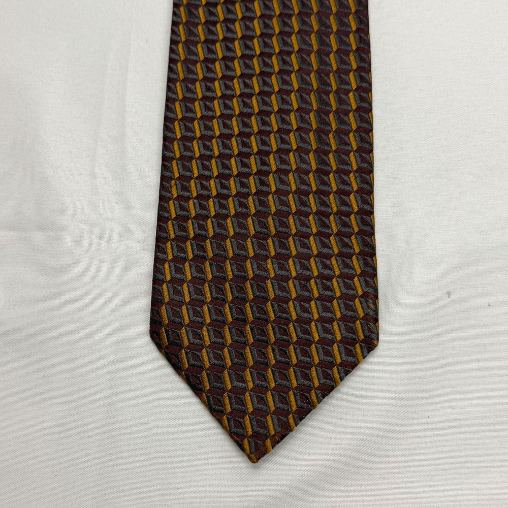 Ermenegildo Zegna Tie 59" x 3.75" Burgundy Gold Geometric Silk Made in Italy